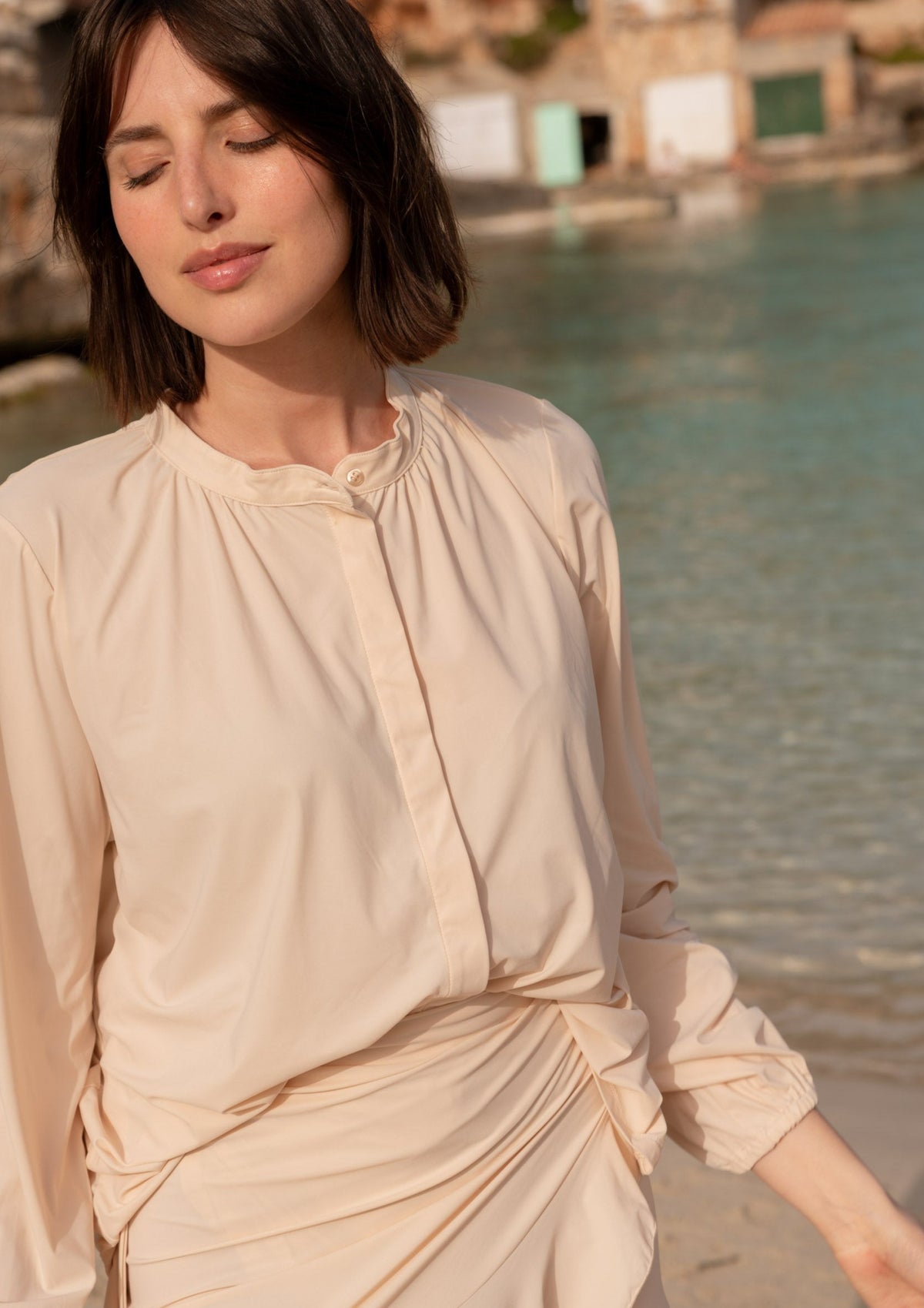 Women's nude beige  modest long-sleeve sun-protective blouse with high collar