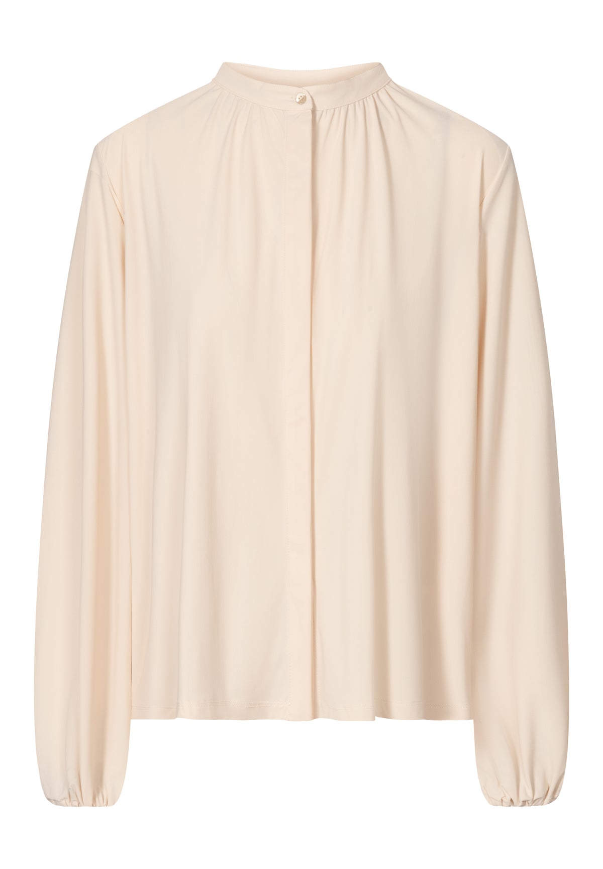 A beige long-sleeved modest blouse with a high collar and hidden buttons, designed for women.